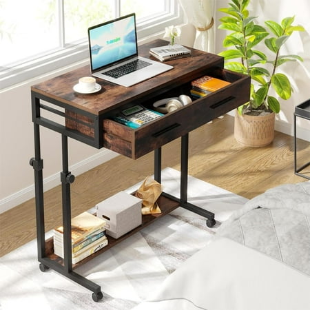 Finmind Adjustable Side Table Portable Desk with Drawers & Wheels, Mobile Couch Desk Laptop End Table for Sofa and Bed