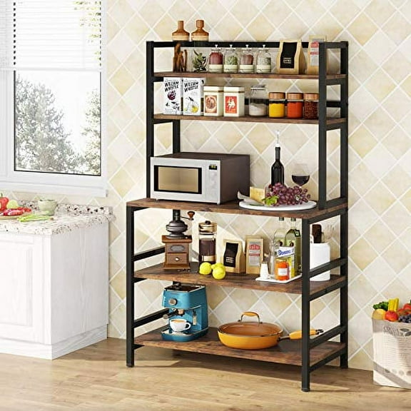 Tribesigns Bakers Rack with Hutch, Microwave Oven Stand, 5-Tier Kitchen Utility Storage Shelf, Height Free Standing Kitchen Organizer for Spices, Pots, Pans, and Oven(Brown)