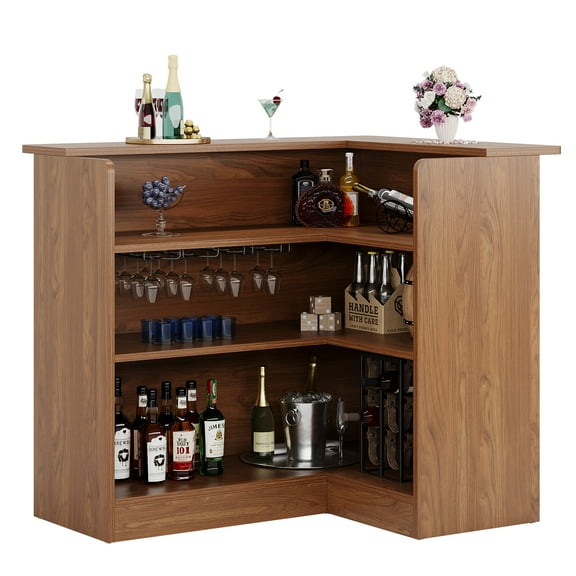 Tribesigns Bar Cabinet, L-Shaped Home Bar Unit, 4-Tier Liquor Table with Storage Shelves & Wine Glass Holder, Corner Wine Table, Tall Cabinet Furniture for Kitchen, Living Room, Home Pub, Brown