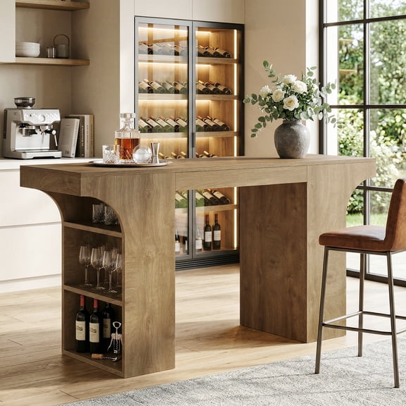 Tribesigns Bar Height Table with Storage Shelves, 63-Inch Counter Height Pub Table, Rectangular High Top Tables for Dining Room, Kitchen, Bistro, Balcony, Brown