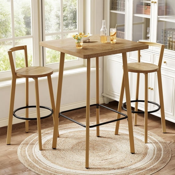 Tribesigns Bar Table and Chair Set, 39.4" H Square Bistro Pub Table with 2 Chairs, Bar Height Table with Footrest, Small Cocktail Tables for Dining, Cafe, Living Room, Apartment, Balcony, Oak Color
