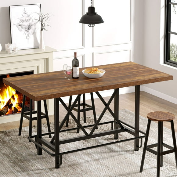 Tribesigns Rectangular Counter Height Dining Table with Metal Footrest for 6 People, 35.43" Tall (Rustic Brown)