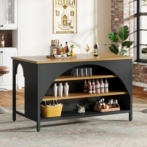Tribesigns Bar Table, Industrial Home Bar Unit with 3 Storage Shelves, 55-Inch Rectangle Wooden Counter Height Table Wine Cabinet for Home Kitchen Pub, Brown and Black
