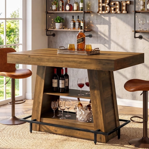 Tribesigns Bar Table with 2-Tier Storage Shelves, Farmhouse Bar Height Pub Table with Footrest For Kitchen