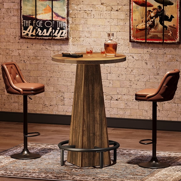 Tribesigns Bar Table with Metal Footrest, 37.4" High Round Pub Table for Small Bars, Small Home Bar Unit for Dining Room, Kitchen, Rustic Brown