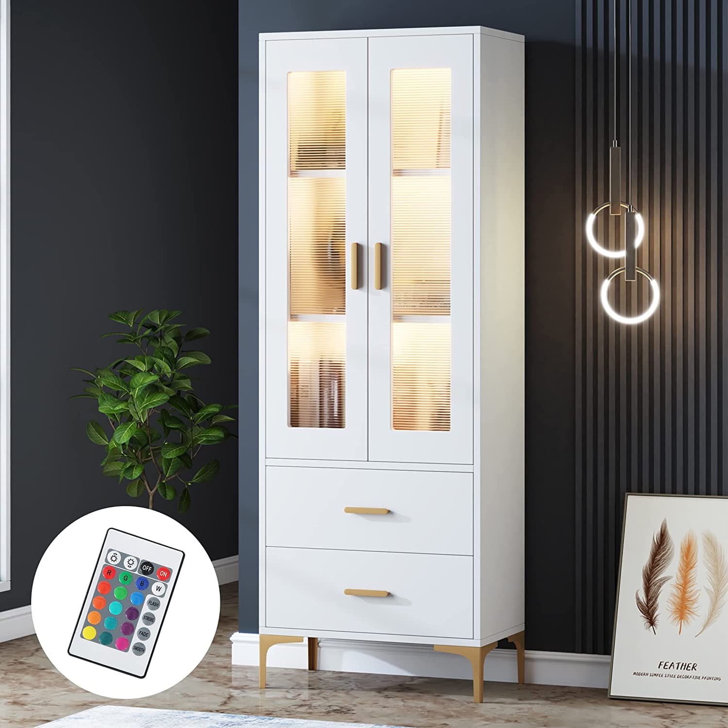 Tribesigns White LED Bookcase with Frosted Doors