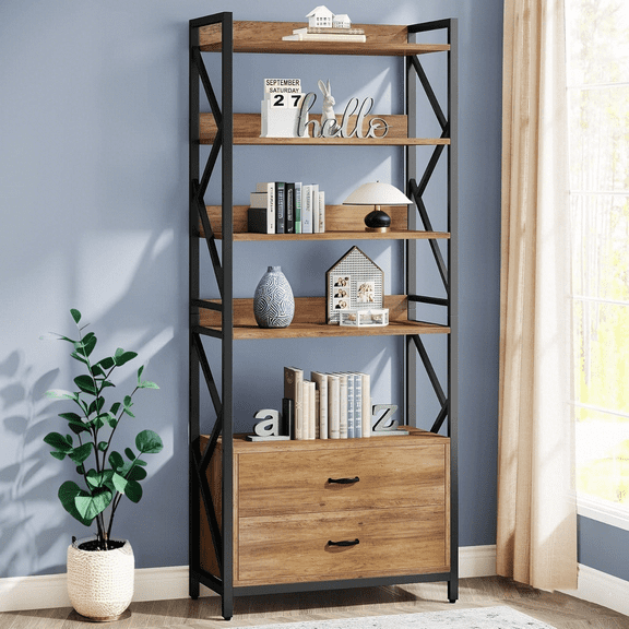 Tribesigns Bookshelf with Drawers, 70.8" Industrial Bookcase with 2 Drawers, 5 Shelf Open Shelf for Storage for Living Room, Bedroom, Office, Rustic Brown