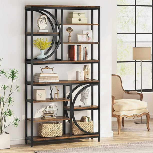 Tribesigns Bookshelf Industrial 8 Tier Etagere Bookcases Rustic Tall Book Shelf Open Display Shelves Wood Look Accent Shelving Unit with Metal
