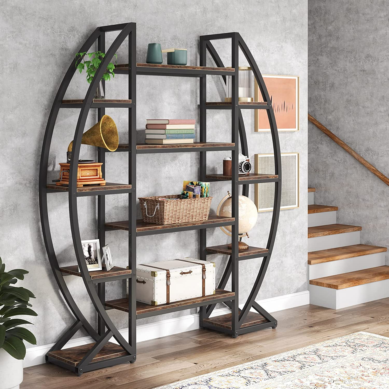 Tribesigns Bookshelf Oval Triple Wide 5 Tiers Etagere Bookcases Industrial Display Shelves for Living Room Rustic Brown