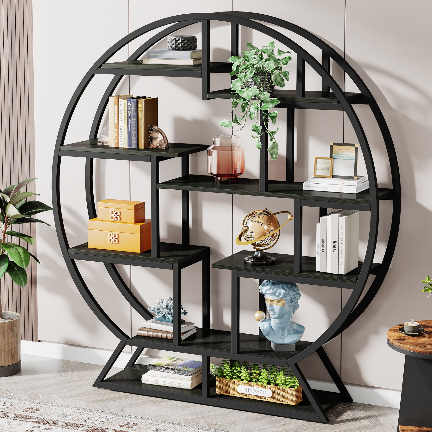 Industrial Black Round Wood Bookshelf with Staggered Shelves