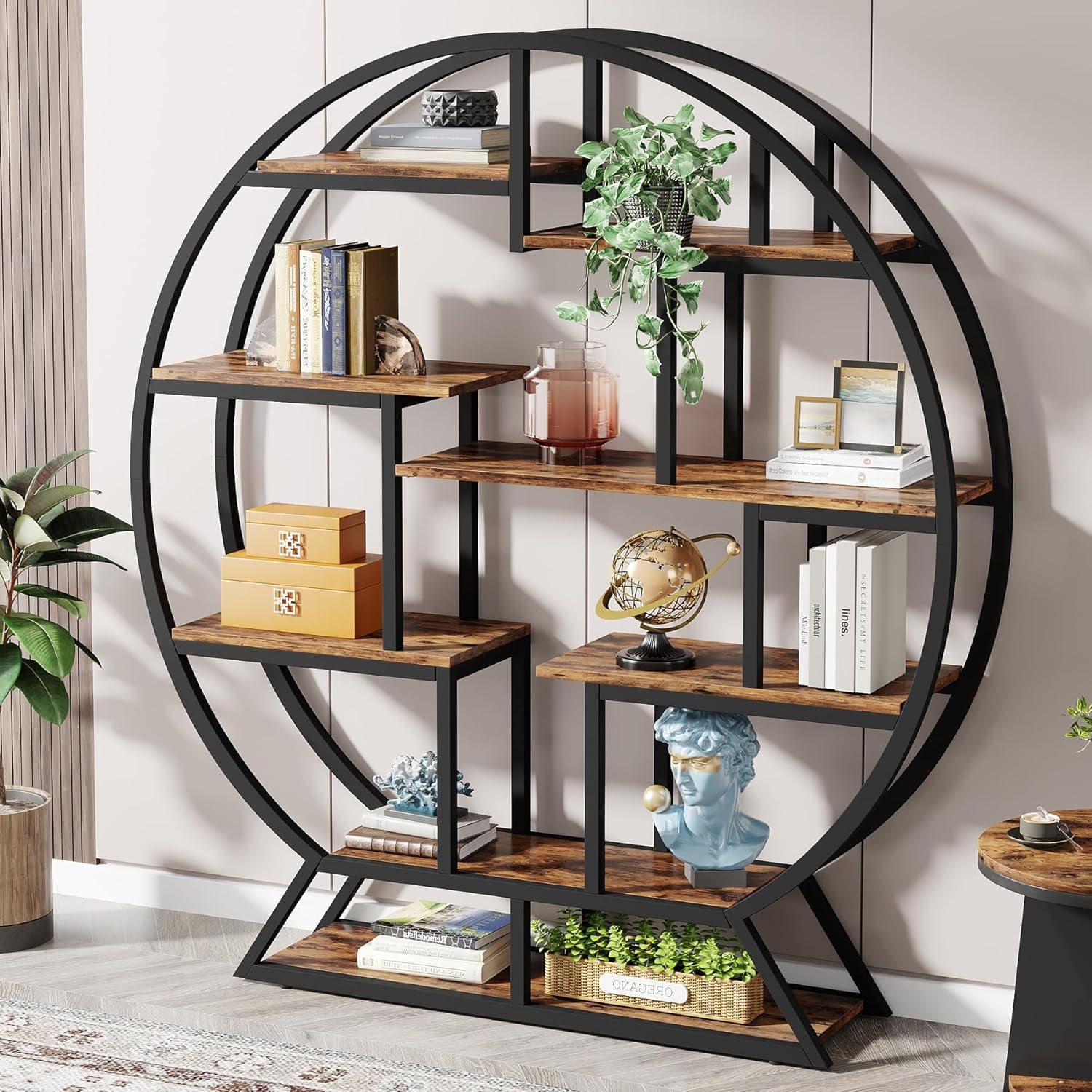 63" Industrial Round Black and Brown Metal Bookcase