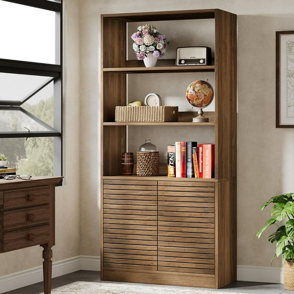 Tribesigns Bookshelf with Shutter Doors, 68" Tall Bookcase with Cabinet & Open Shelves, Rustic Brown