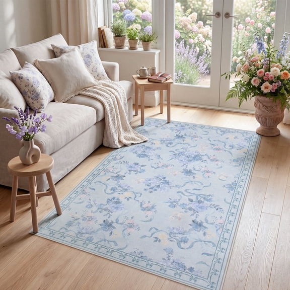 Fnova Bow Floral Blue 5x7 Washable Area Rugs for Living Room, Soft Cute Rug for Bedroom Nursery, Border Non Slip Low Pile Indoor Dining Room Carpet for Kids Playroom, Oeko-Tex Certified