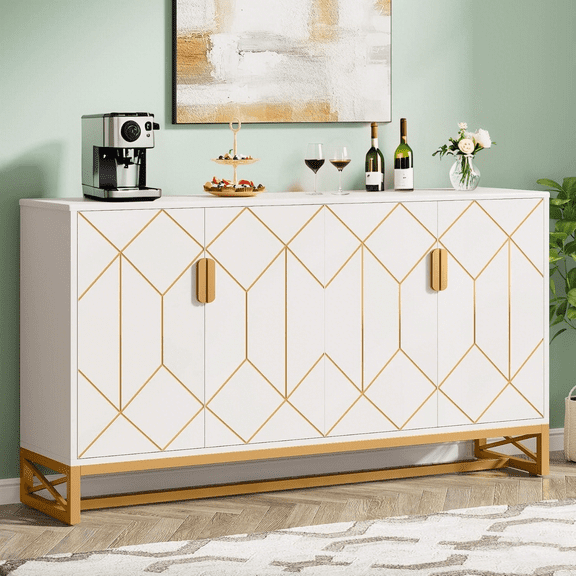 Tribesigns Buffet Cabinet with 2-Tier Storage, 59 inches Wood Sideboard with 4 Doors, Storage Cabinet for Kitchen Dining Room Living Room, White and Gold