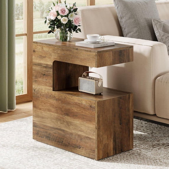 Tribesigns C-Shaped End Table, 25.59" Couch Side Table with 2-Tier Storage Shelf, Farmhouse TV Tray for Sofa, Living Room, Bedroom