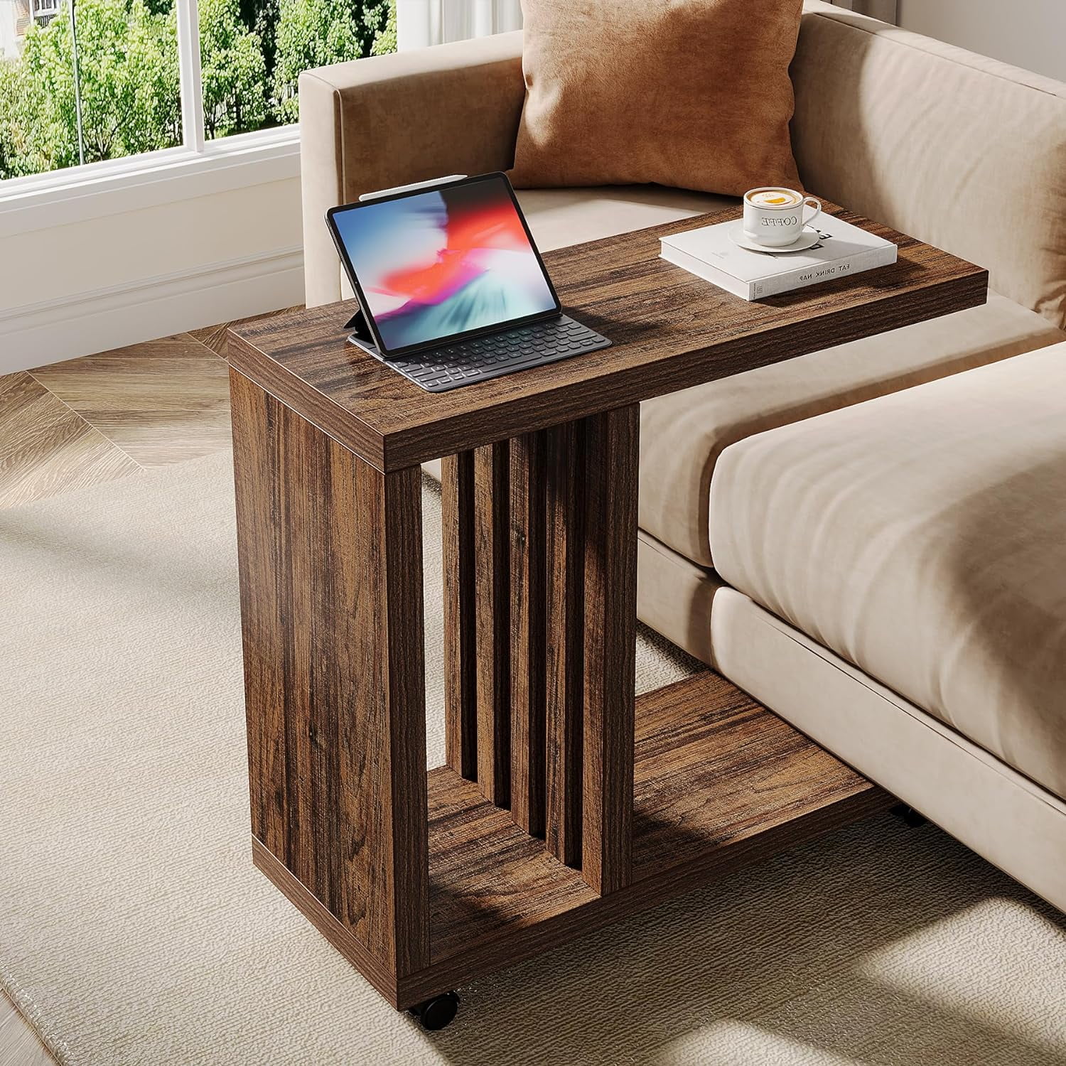 Tribesigns C Shaped End Table, Couch Side Table with Lockable Wheels, 2 ...