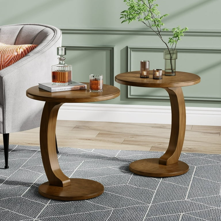 Set Of 2 Light Brown Wood Accent Tables With Glass Round Top Set Of 2 Light Brown Wood Accent Tables With Glass Round Top