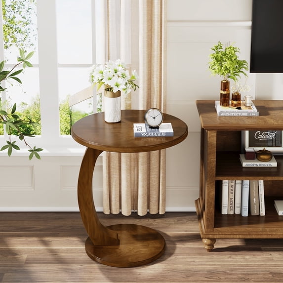 Tribesigns C-Shaped End Table, Mid-Century Wooden Round Side Table for Living Room Bedroom, Dark Brown