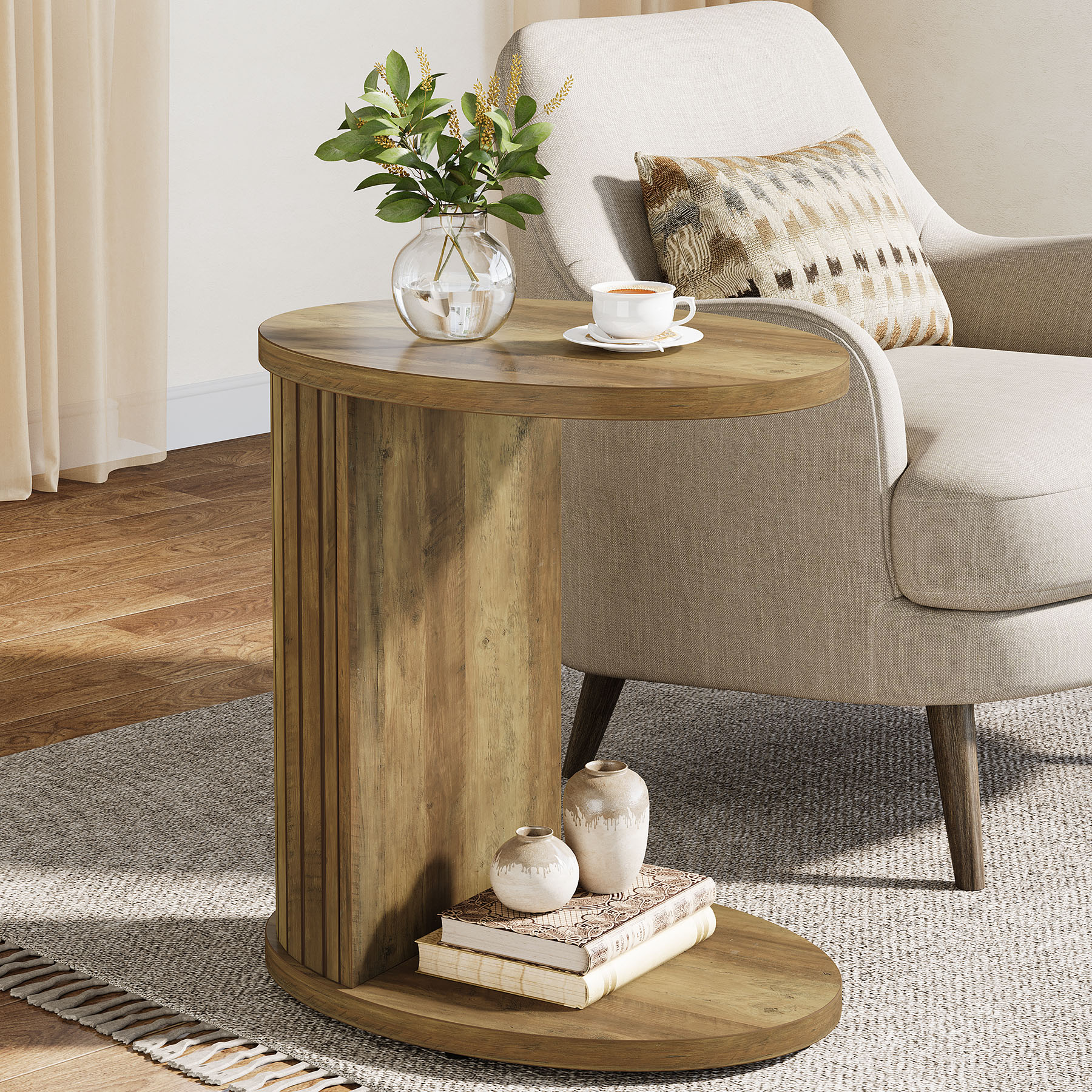 Tribesigns C-Shaped End Table for Couch, Fluted Sofa Side Table with ...