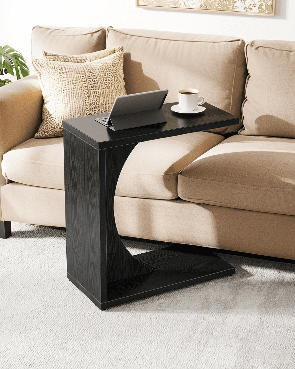 Tribesigns C-Shaped End Table for Couch, Side Table for Small Space, Sofa Tray Table for Living Room, Bedroom, Rustic Black
