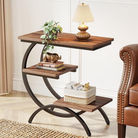 Tribesigns 3-Tier Industrial Style C-Shaped End Table, Compact Side Table with Storage Shelves for Small Space, Living Room, Rustic Brown & Black