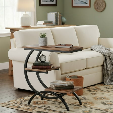 Finmind C-Shaped End Table with 3-Tier Storage, Wood Bedside Table for Small Spaces