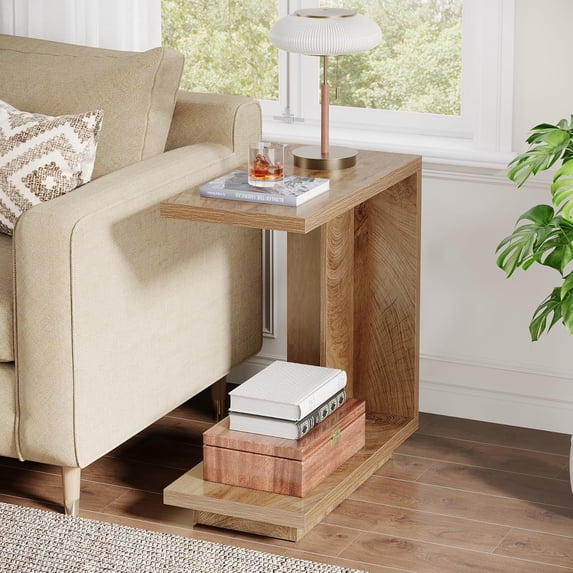 Tribesigns C-Shaped Side Table, 2-Tier Narrow End Table with Sturdy Pedestal, Wood Bedside Table Nightstand for Bedroom, Industrial Sofa End Table for Living Room, Rustic Brown