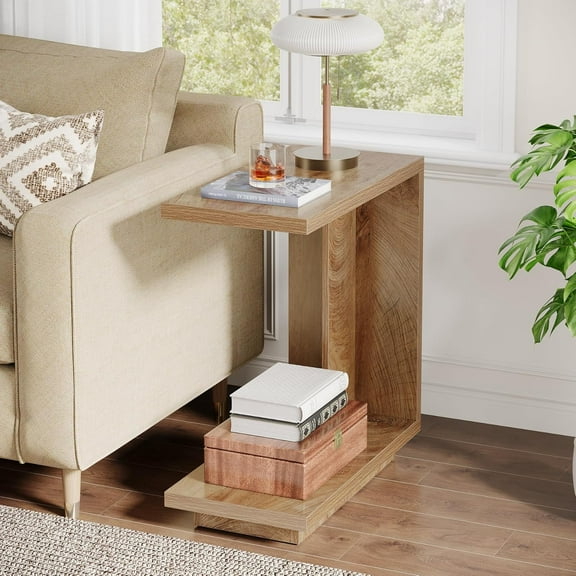 Tribesigns C-Shaped Side Table, 2-Tier Narrow End Table with Sturdy Pedestal, Wood Bedside Table Nightstand for Bedroom, Industrial Sofa End Table for Living Room, Rustic Brown