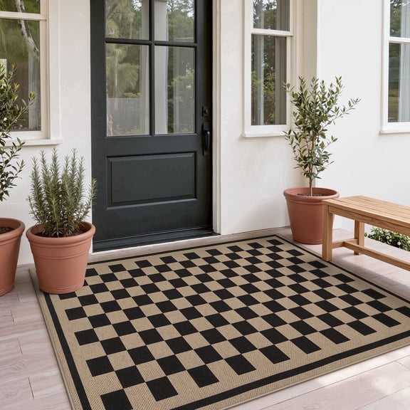 Fnova Checkered Easy Jute 3x5 Washable Outdoor Patio Rug, Geometric Black and White Kitchen Area Rugs for Entryway Door, Farmhouse Non-Slip Indoor Carpet for Living Bedroom, Oeko-Tex Certified