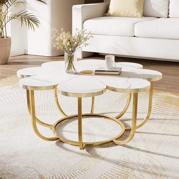 Tribesigns Coffee Table, 39.37-Inch Modern Accent Center Piece with Flower-Shaped Faux Marble Tabletop for Living Room, Bedroom, Lounge, White & Gold