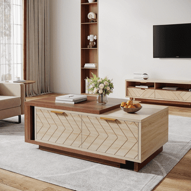 Tribesigns Coffee Table, 42"-65" Length Adjustable Reversible Wood Table with 2 Storage Drawers for Living Room, Rectangular Dual-Tone Center Table (Walnut & Oak)