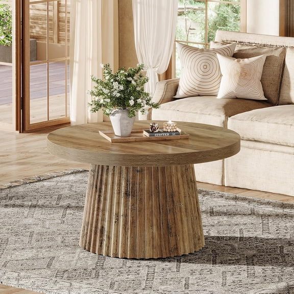 Tribesigns Coffee Table with Fluted Drum Base, 31.5" Round Tables for Living Room, Apartment, Brown