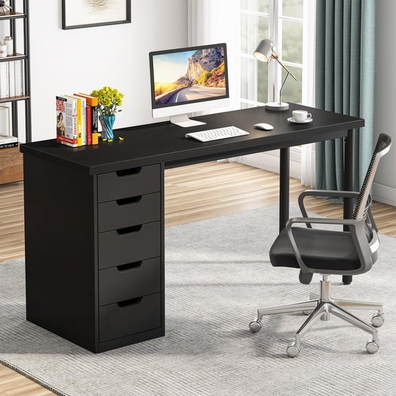 Tribesigns Computer Desk with 5 Drawers, 47 inches Rustic Brown Home Office Desk with Storage, Modern Study Writing Table Workstation for Small Spaces, Black