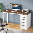 thumbnail image 1 of Finmind Computer Desk with 5 Drawers, 47 inches Rustic Brown Home Office Desk with Storage, Modern Study Writing Table Workstation for Small Spaces, Brown & White, 1 of 5