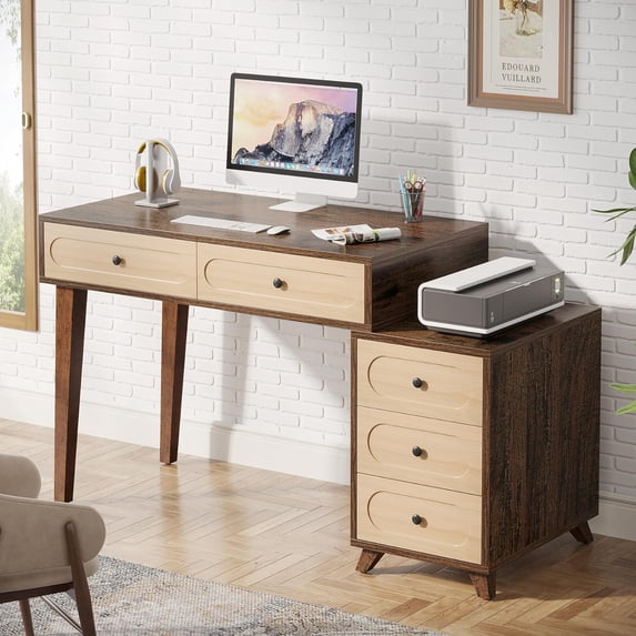 Tribesigns Computer Desk with 5 Drawers, 51-Inch Home Office Desk with Reversible Drawer Cabinet, Farmhouse Study Writing Table Workstation with Storage for Small Spaces