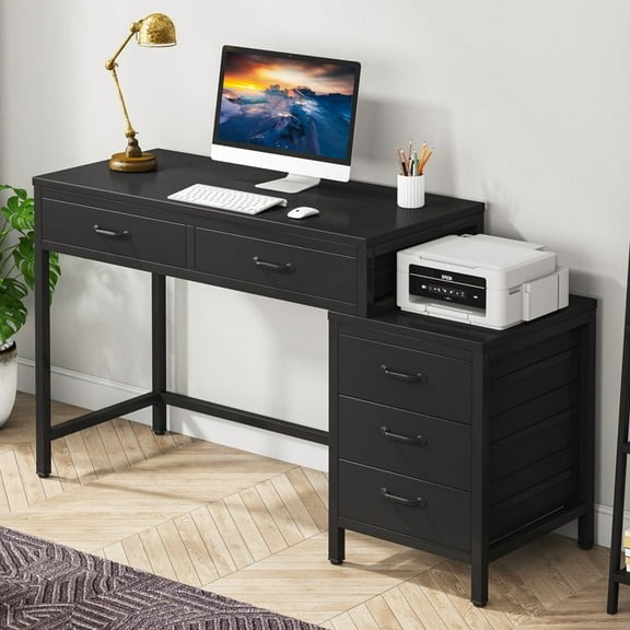 Tribesigns Computer Desk with 5 Drawers, Home Office Desks with Reversible Drawer Cabinet Printer Stand, Industrial PC Desk with Storage, Rustic Study Writing Table Workstation for Small Spaces