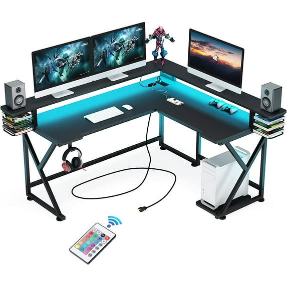 Tribesigns Computer Desk L Shaped with Led Lights & Power Outlet, 61 inch L-Shaped Computer Corner Desk with Monitor Stand, Ergonomic Home Office Gaming Desk with USB Port & Hook