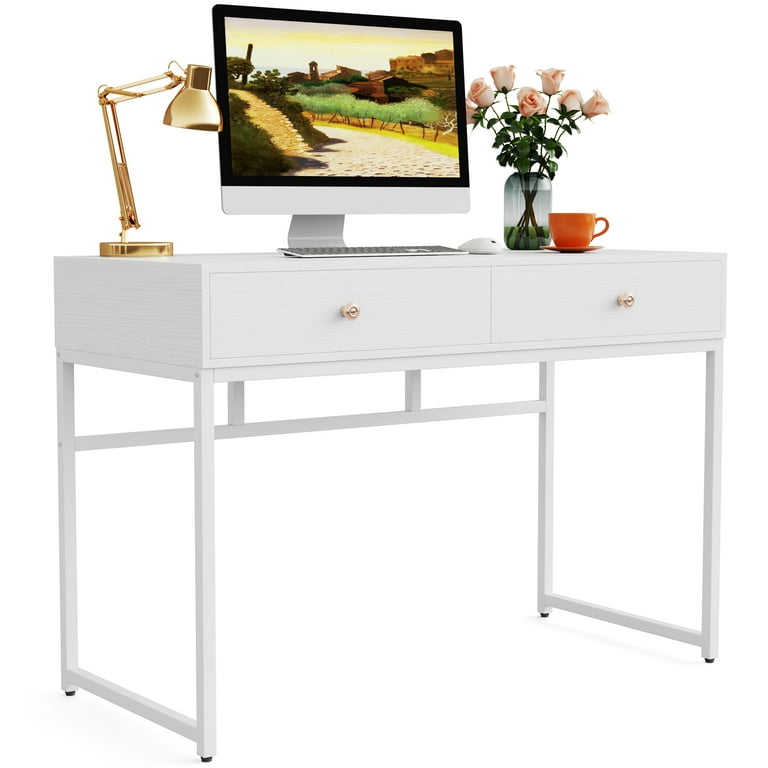 Tribesigns Computer Desk Modern Simple 47 inch Home Office Desk Study Table Writing Desk with 2 Storage Drawers Makeup Vanity Console Table White