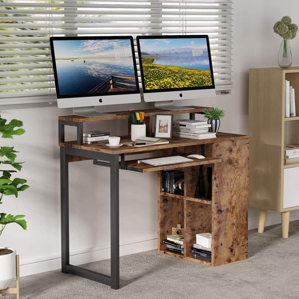 Industrial Computer Desk with 4-Cube Shelves & Push-Pull Keyboard TrayMaple