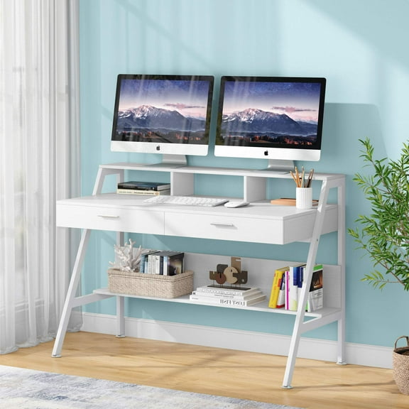 Tribesigns Computer Desk with 2 Drawers, 47 Inch Home Office Desk with Storage Hutch Shelf, Writing Study Table with Monitor Stand for Small Space