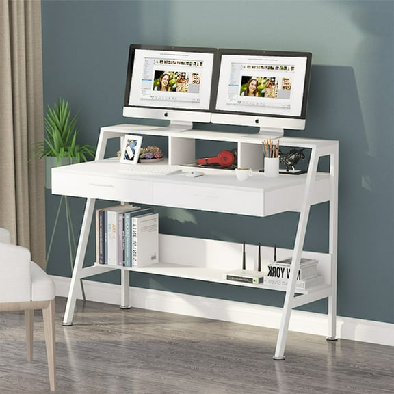 Tribesigns Computer Desk with 2 Drawers & Storage Hutch Shelf, 47 Inch Office Writing Desk Study Table with Bookshelf for Home Office