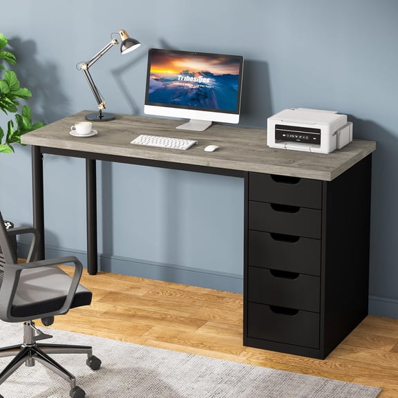 Tribesigns Computer Desk with 5 Drawers, 47 inches Rustic Brown Home Office Desk with Storage for Small Spaces, Grey+Black