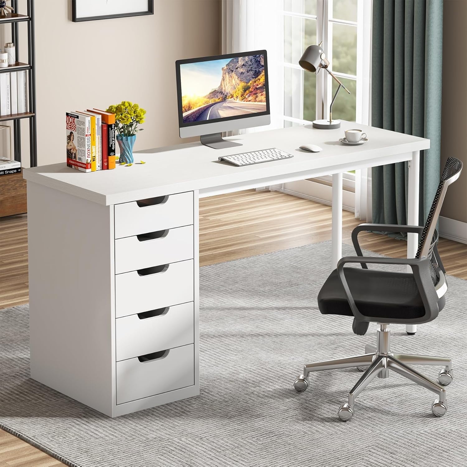 Tribesigns Computer Desk with 5 Drawers, 47 inches Rustic Brown Home Office Desk with Storage
