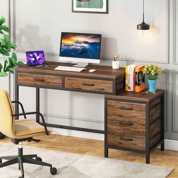 Tribesigns Computer Desk with 5 Drawers, Writing Desks Work Table with Reversible File Drawer Cabinet for Home Office