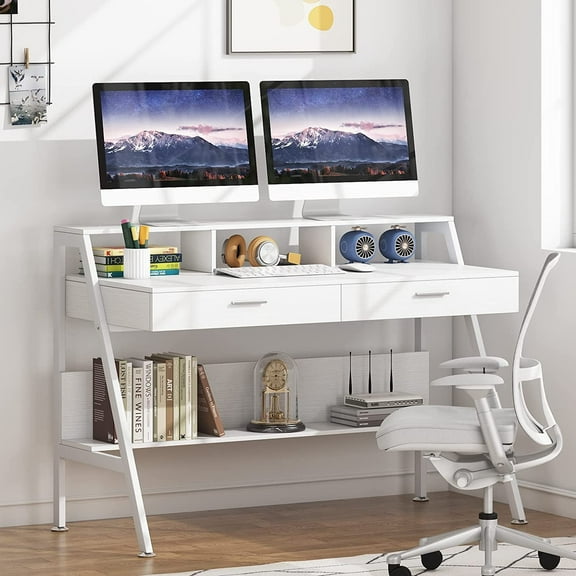 Tribesigns Computer Desk with Storage Shelf & Drawers, Modern 47 inch Office Writing Desk Study Table with Monitor Stand Riser for Home Office Use