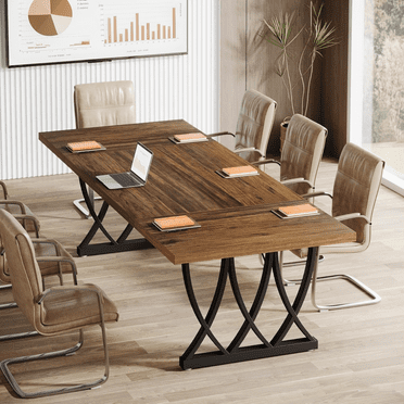 Tribesigns Conference Table for 6-8 People, 70.86-Inch Rectangle Conference Table with Curved Metal Support for Office (Without Chair, Retro Brown & Black)