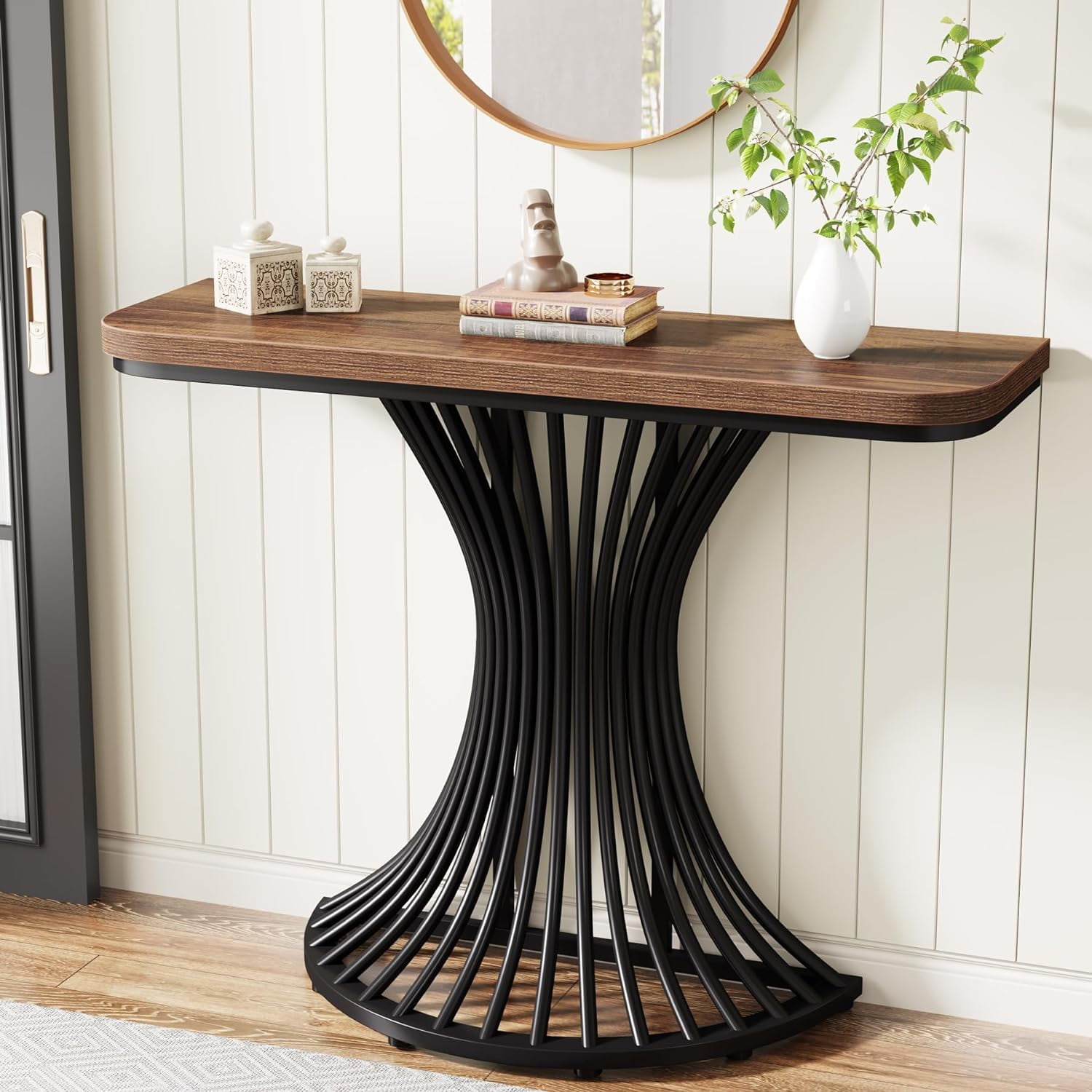 Rustic Brown Wood and Black Metal Demilune Console Table with Storage