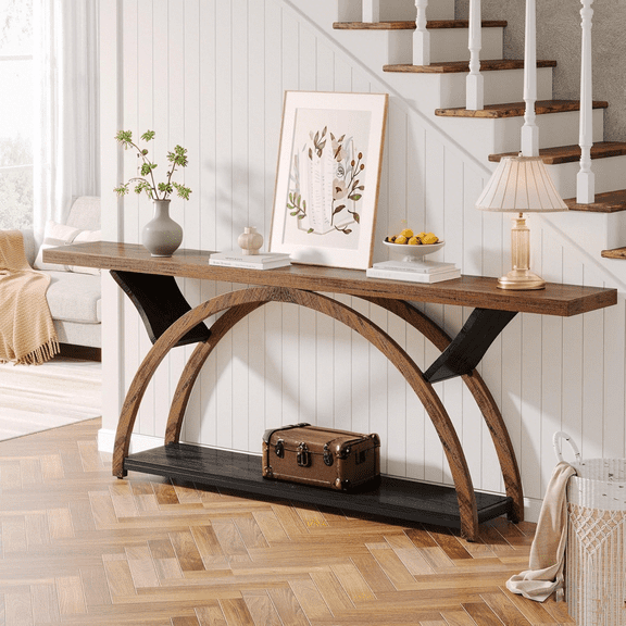 Tribesigns Console Table with Storage Shelf, 70.87" Sofa Table Behind Couch, 2-Tier Rustic Entryway Table with Half Moon Frame for Hallway (Brown & Black)