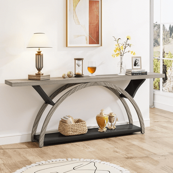 Tribesigns Console Table with Storage Shelf, 70.87" Sofa Table Behind Couch, 2-Tier Rustic Entryway Table with Half Moon Frame for Hallway (Gray & Black)