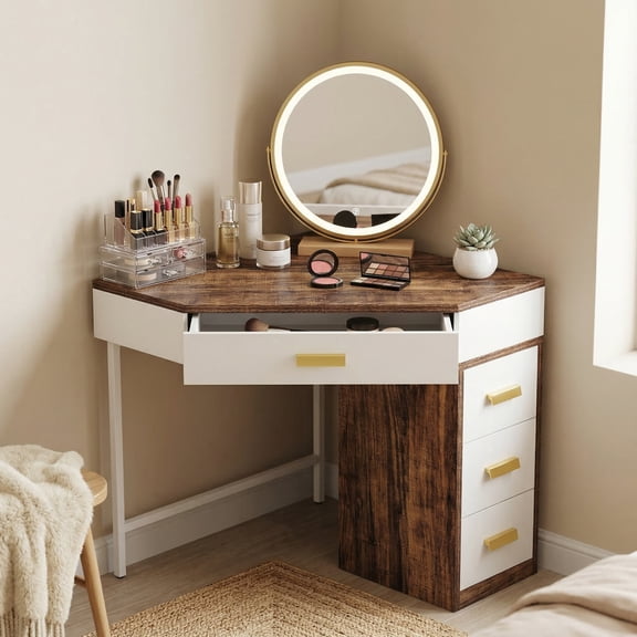 Fnova Corner Makeup Desk, Triangle Computer Desk with 4 Drawers, 90-Degree Writing Desk PC Table, Vanity Desk with Storage for Home Office, Living Room, Bedroom (Mirror not Included)